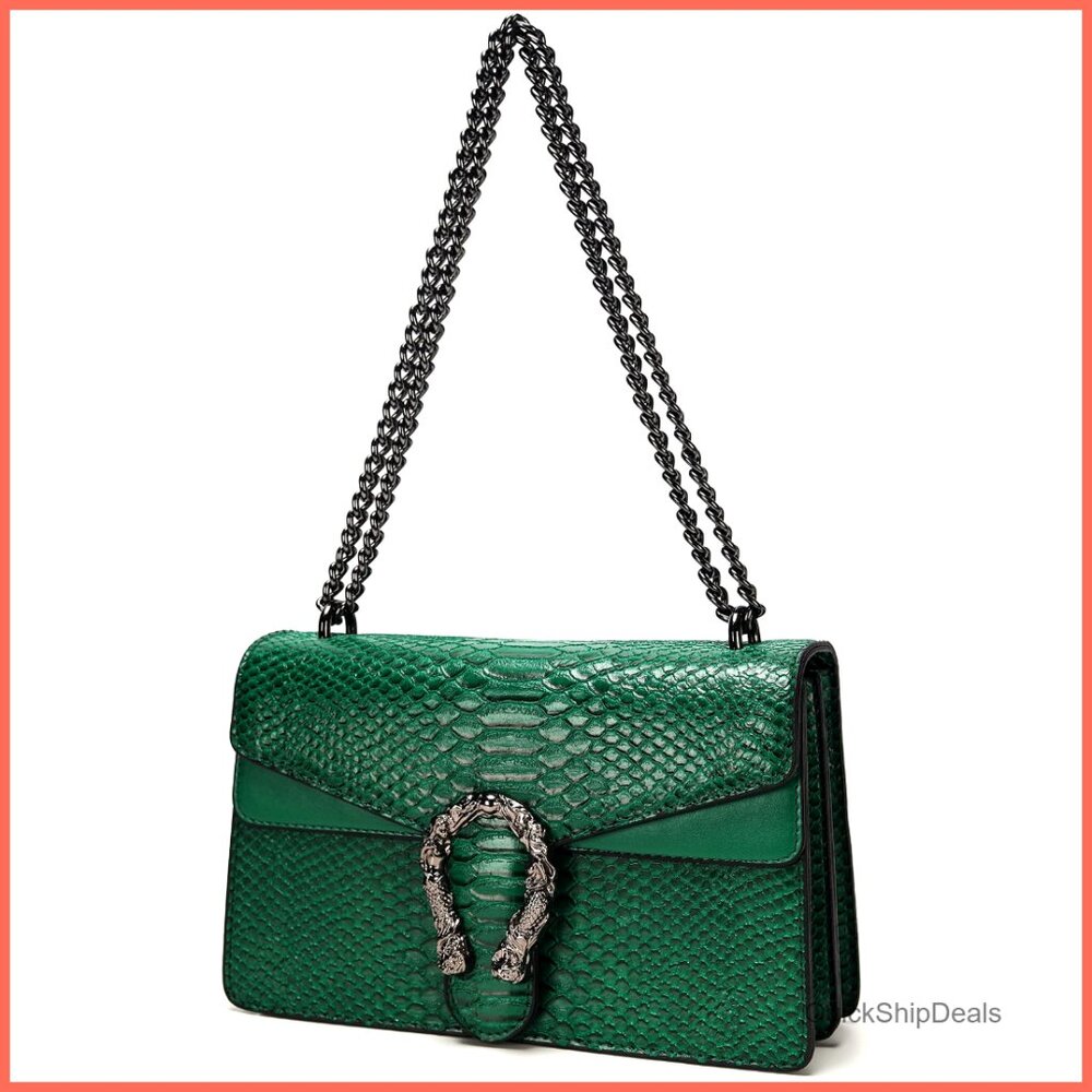 Faux Leather Crossbody Bag Snake Print Satchel Chain Shoulder Purse